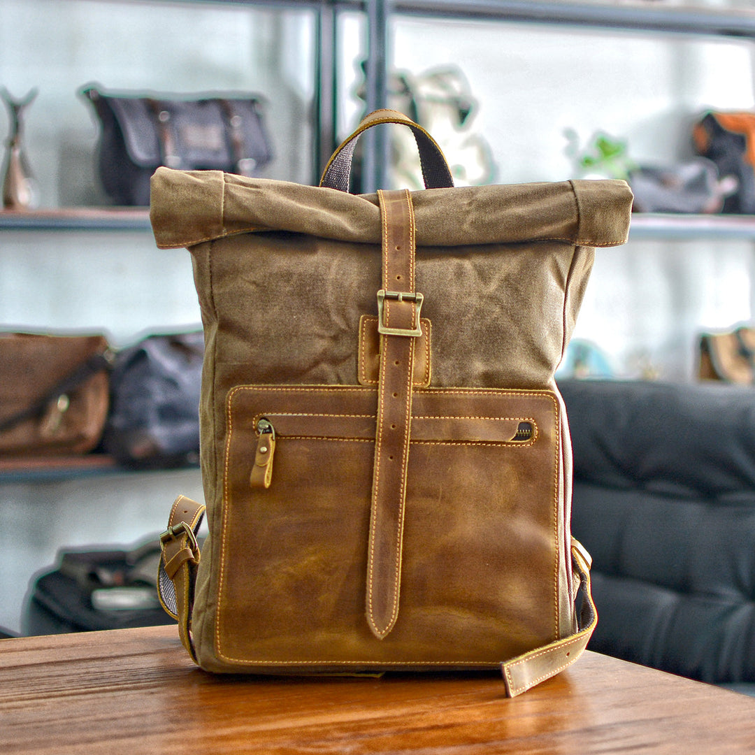 Halden | Vintage Rolltop-Rucksack aus gewachstem Canvas und Leder