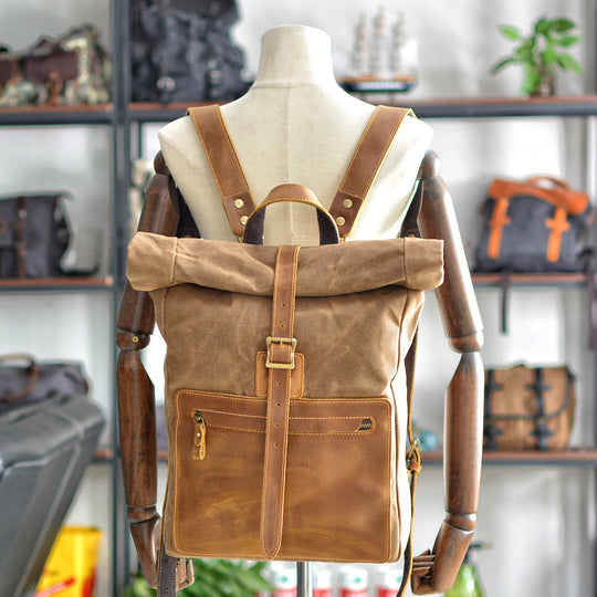 Halden | Vintage Rolltop-Rucksack aus gewachstem Canvas und Leder